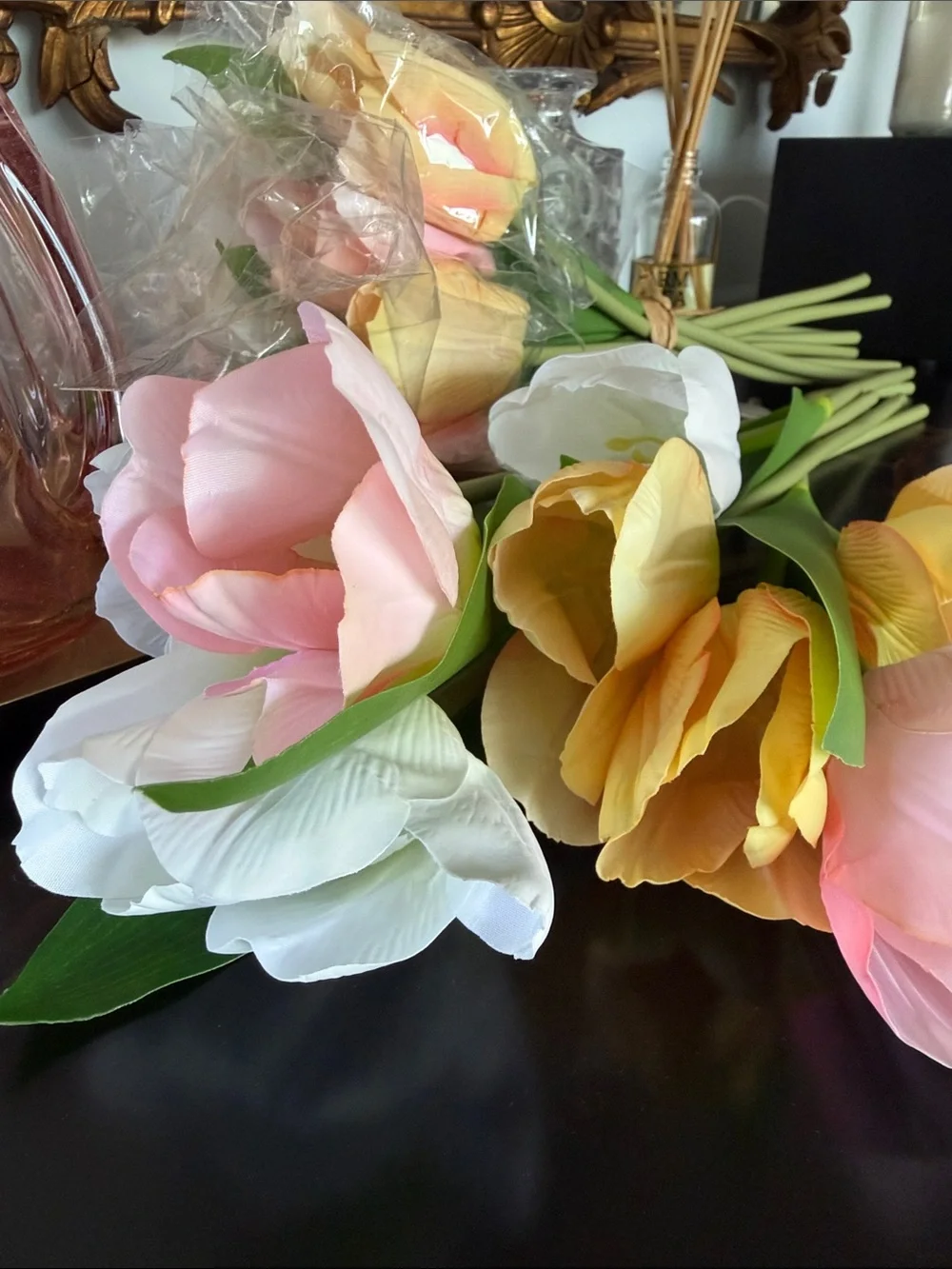 Tulips 18 Artificial Faux Pastel Stems Pink Yellow White